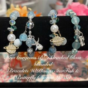Springtime Blue Glass Beaded Bracelets W/Gold Planet Starfish Butterfly Charms 4